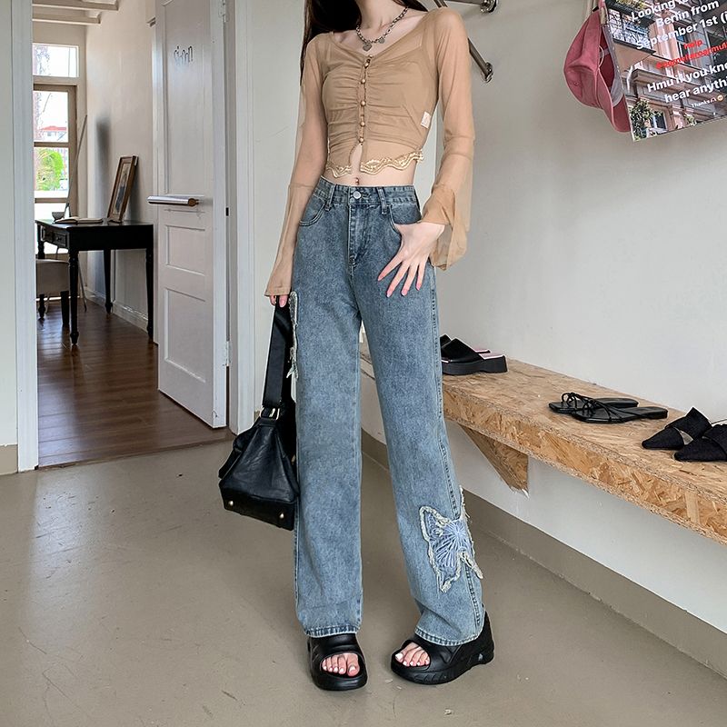 Real photo 2025 summer American butterfly fur edge embroidered high waist jeans women's retro straight trousers wide-leg pants