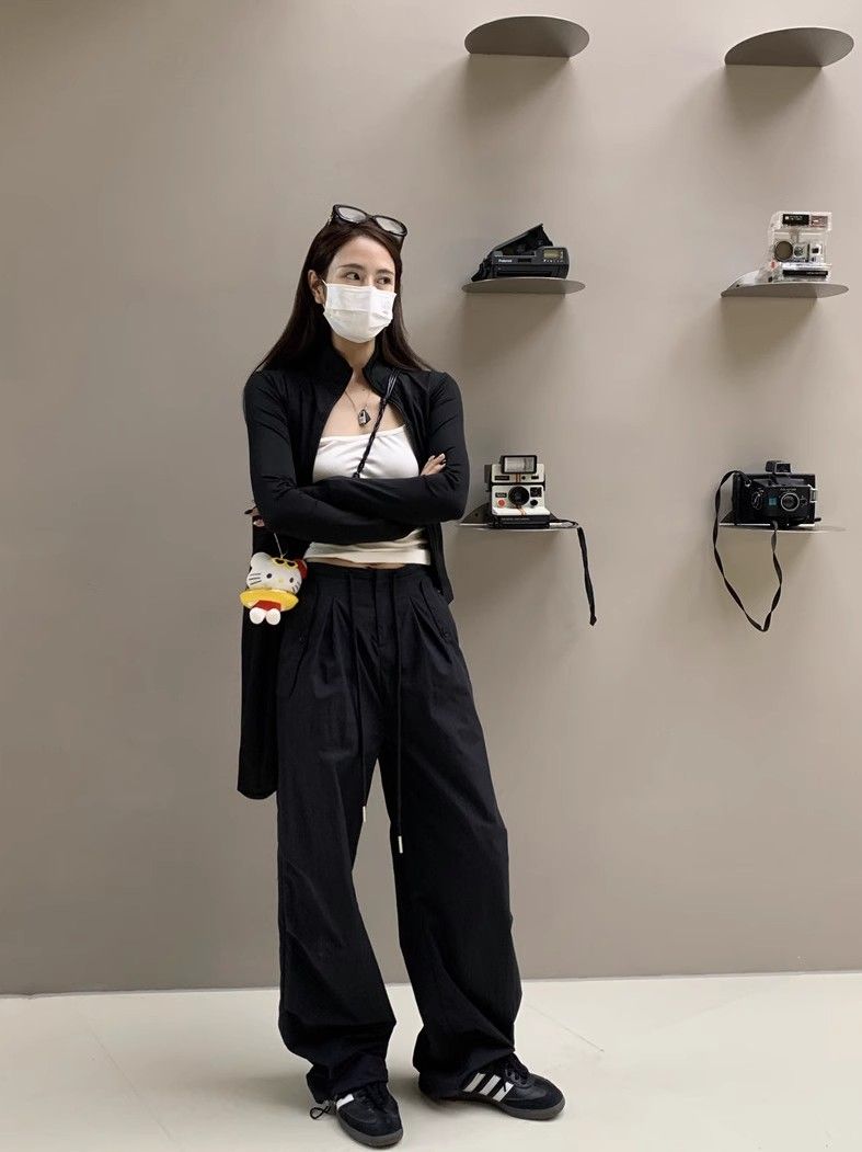 Summer 2025 new black parachute American work pants for women versatile thin drawstring two-wear straight pants for women