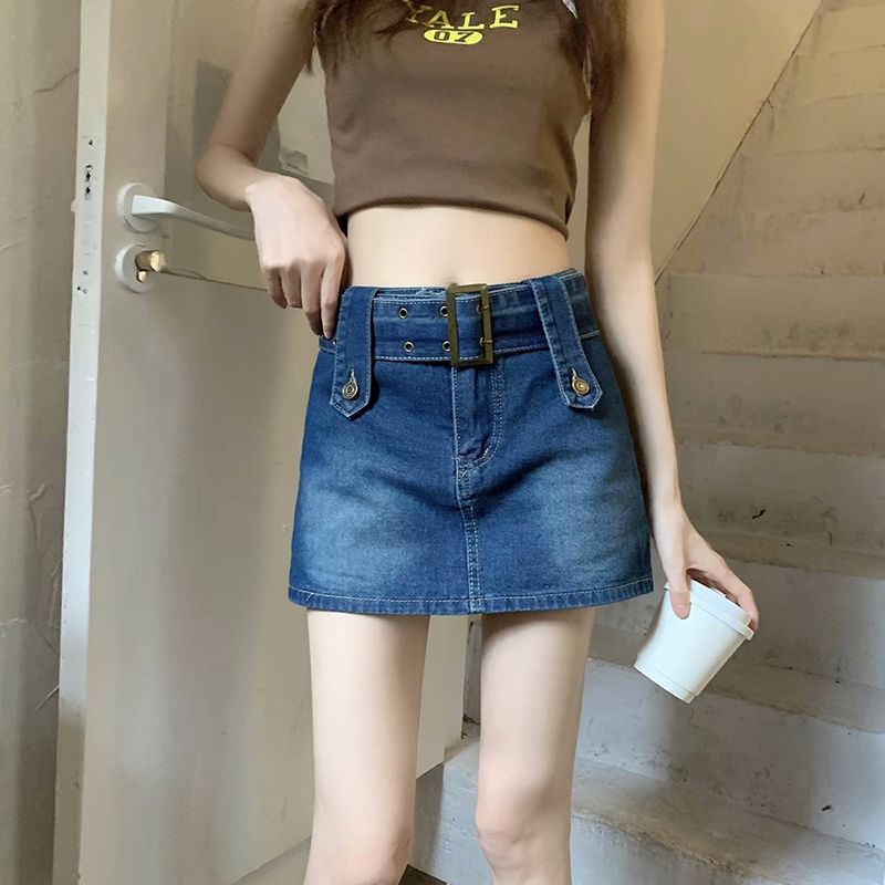 Retro hot girl high waist denim skirt for women in summer new lace-up design loose hip-covering and slimming A-line short skirt