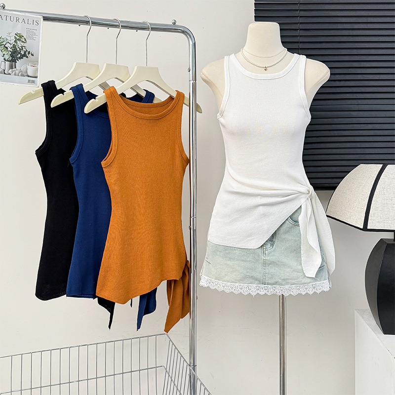 Pure desire style irregular straps and slit suspender vest for women in summer niche design, waist-hugging and slimming versatile top