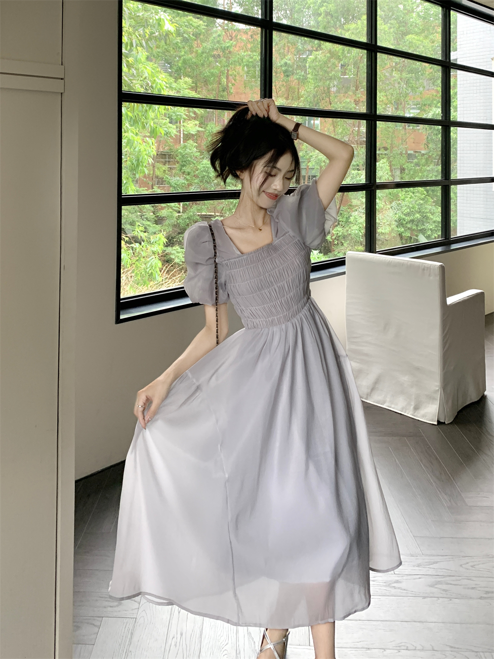 Real shot of sweet puff sleeve chiffon dress for women in summer retro square collar mid-length waist-hugging long skirt