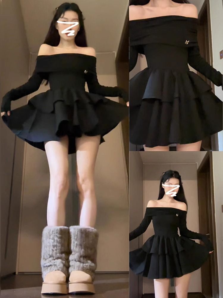 One-shoulder long-sleeved dress for women's spring and autumn birthday evening dress skirt black waist cake skirt temperament A-line short skirt