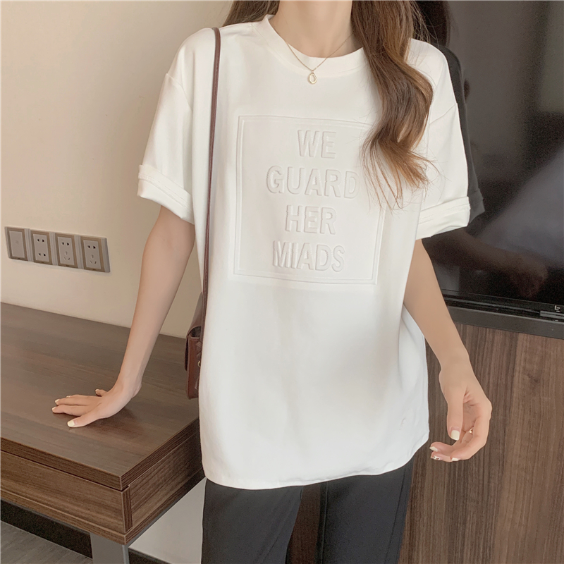 #Real photo with libu 6535 tie-up cotton 2025 mid-length T-shirt for women with half-sleeved loose concave and convex letters