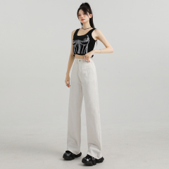 Flat pocket design ~ say goodbye to the cumbersome!  Straight wide-leg high waist high street slim hot girl mopping loose jeans