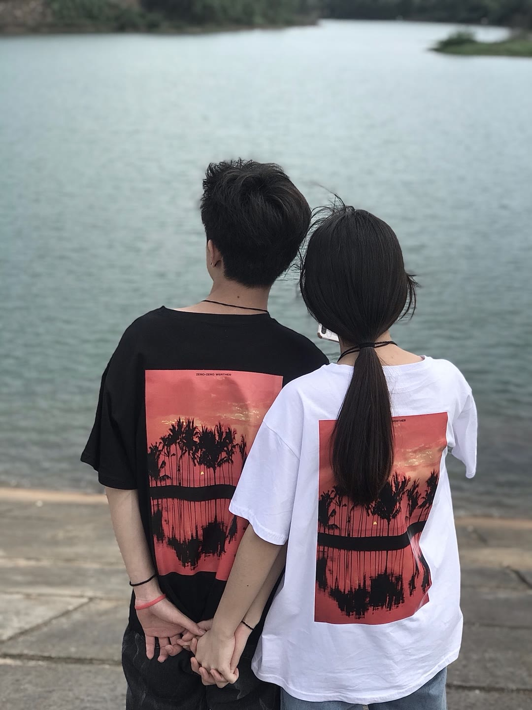 外貿國潮牌落日夕陽短袖t恤男女ins情侶裝夏裝小眾設計感新款半袖
