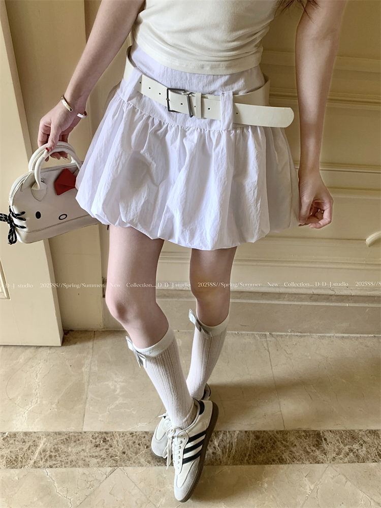 實拍 ~甜妹白色花苞蓬蓬裙女新款高腰顯瘦a字辣妹防走光短裙