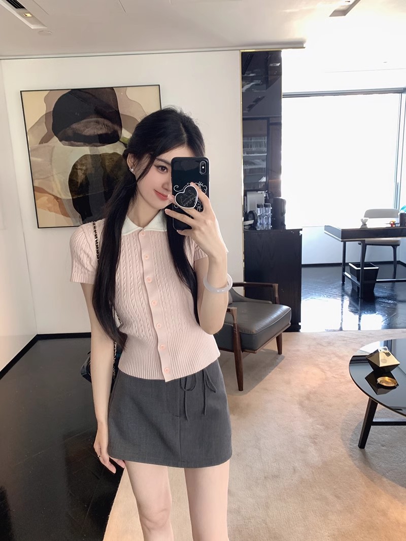 famouswang年春季新款氣質粉色polo領針織短袖女小個子