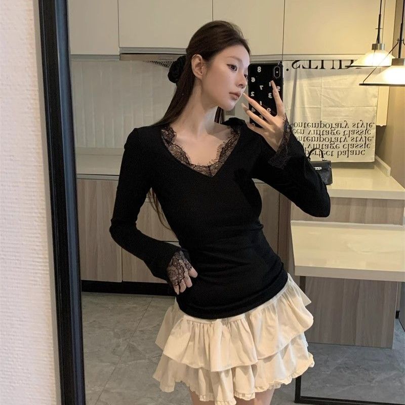 Sexy pure lace splicing inner slim top for women with small scented commuter top