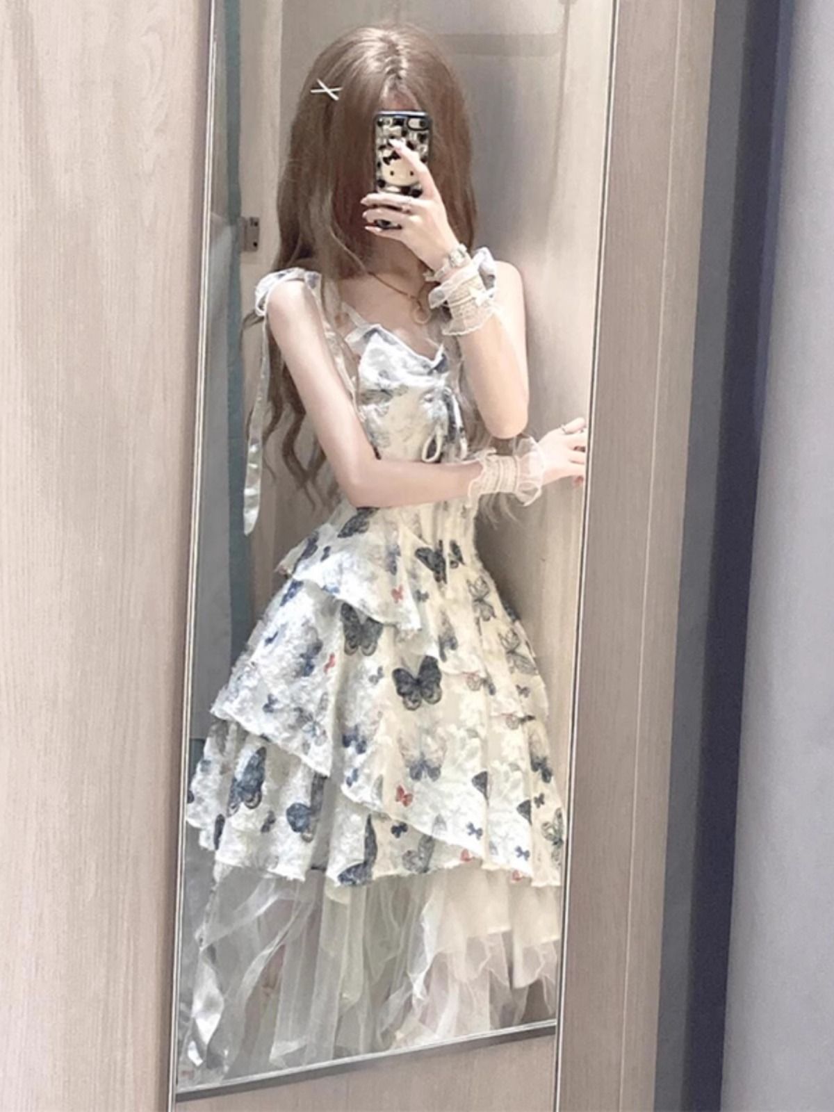 French design butterfly printed suspender dress for women summer irregular mesh skirt fashion suit skirt