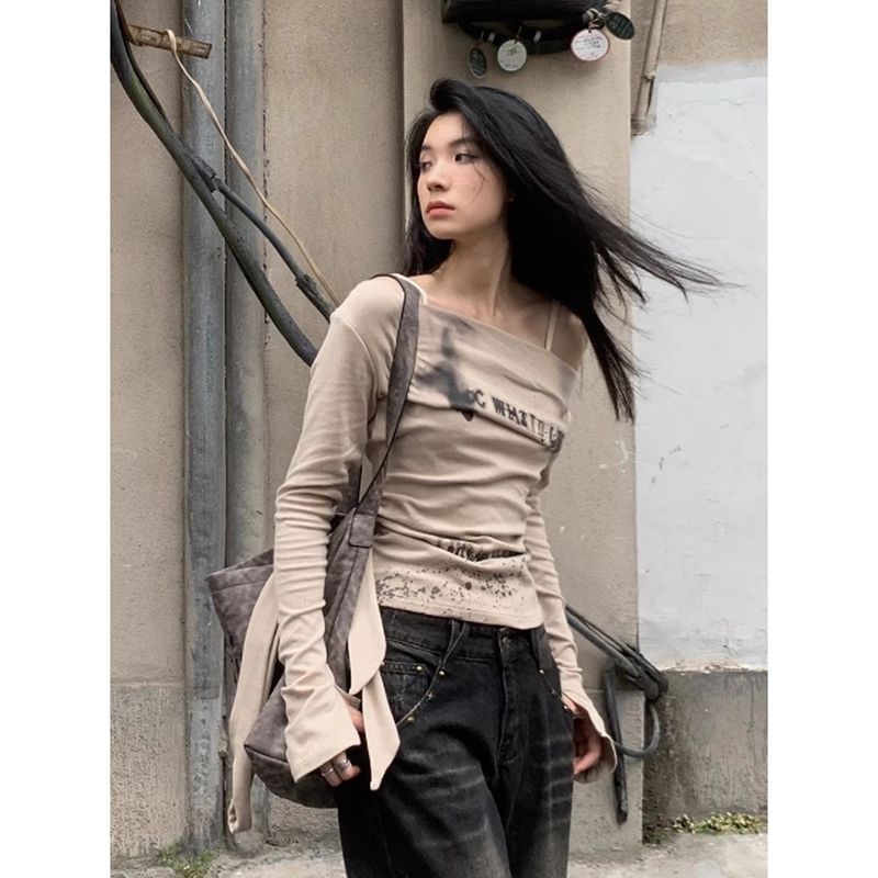 Cotton ribbed modal hot girl long-sleeved T-shirt slim and slim one-shoulder top