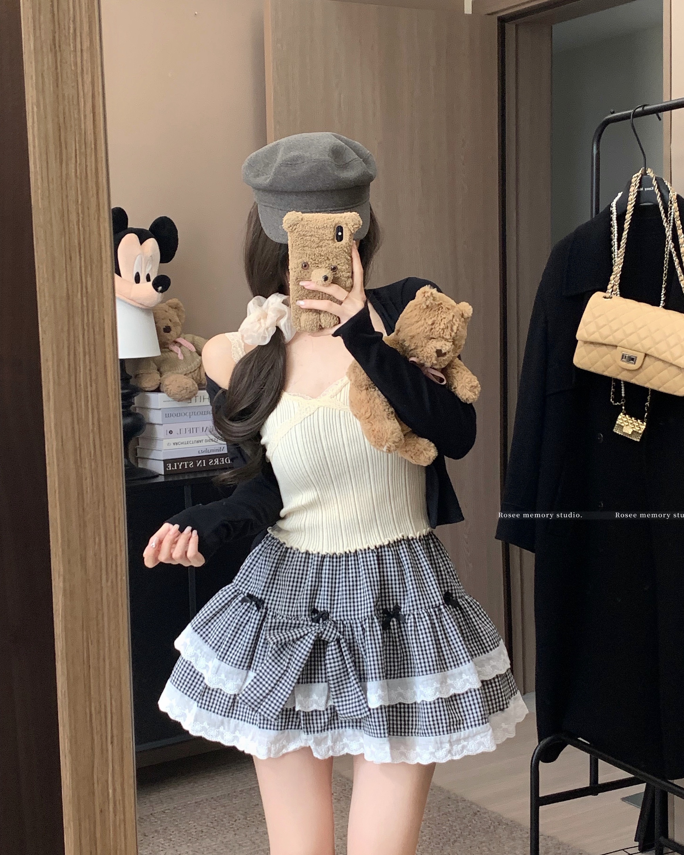 Real photo of sweet style lace bow plaid skirt summer versatile slim cake short skirt for women