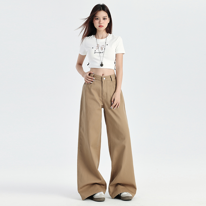 Latte brown loose wide-leg pants easy to control mid-waist floor jeans nine-point trousers extended