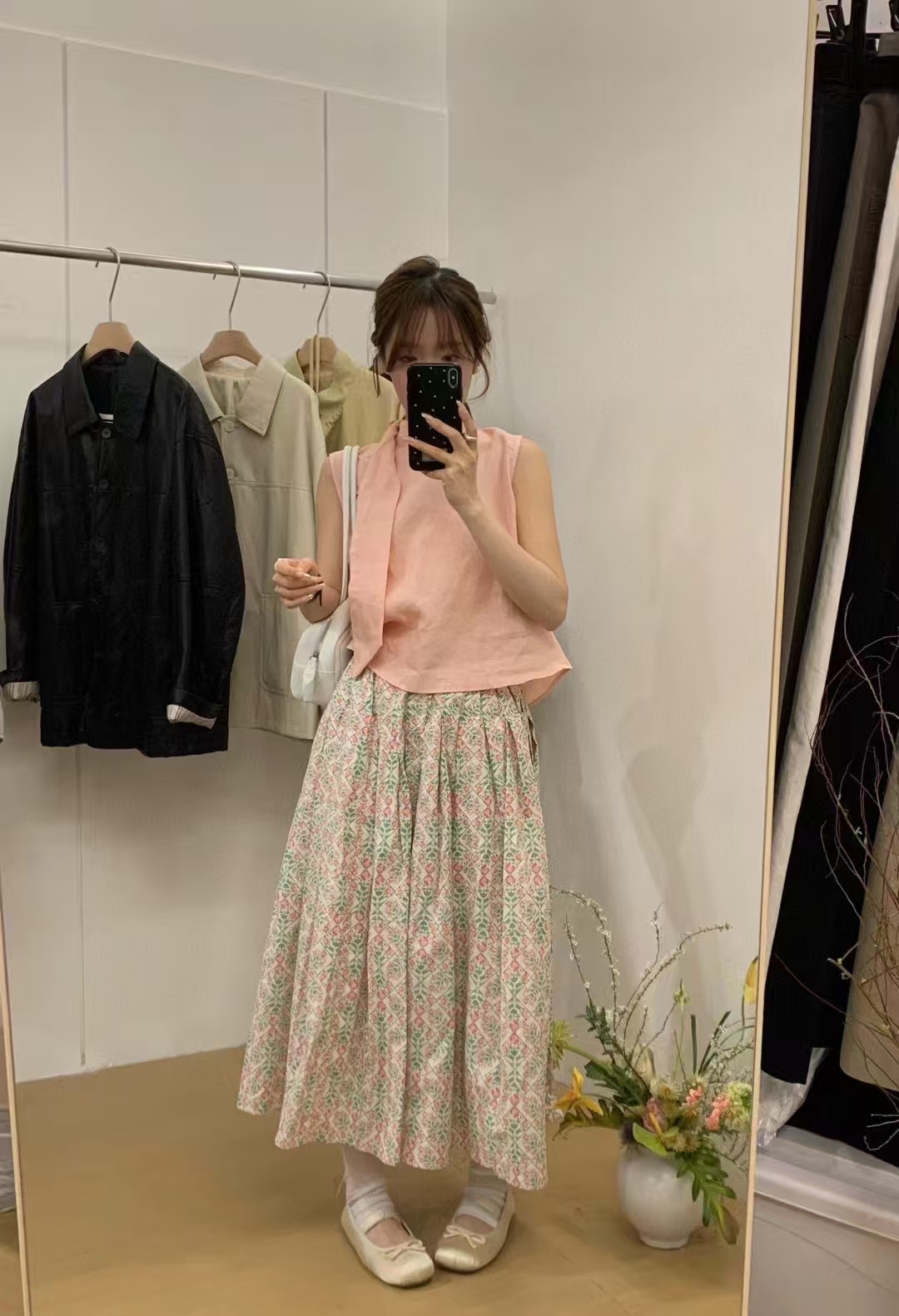 25春夏韓版飄帶無袖棉麻上衣小衫+高腰顯廋中長款A字半身傘裙套裝