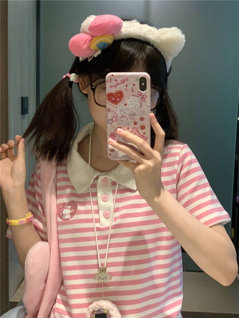210g pure cotton back collar edging, pink and white striped girl design sense Polo collar pure cotton short-sleeved T-shirt