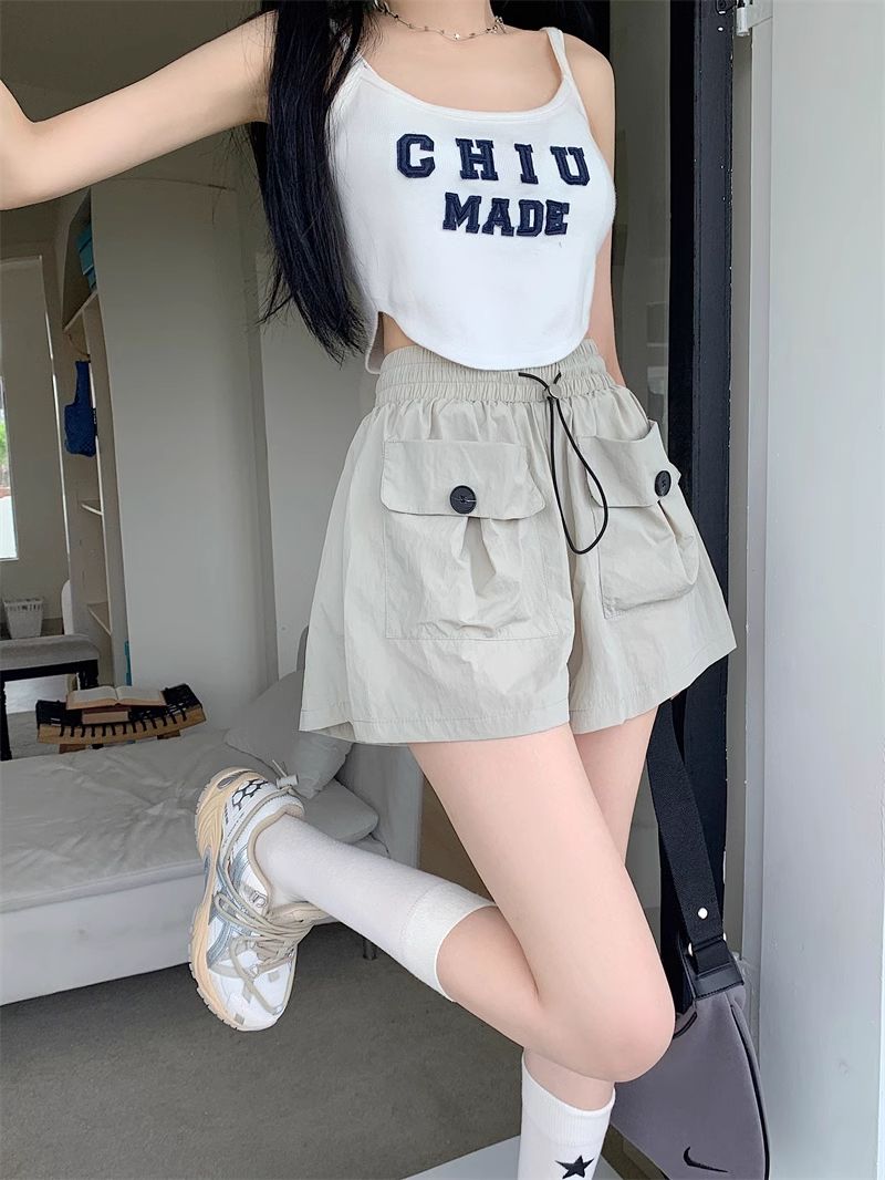辣妹速干工裝短褲女夏季高腰顯瘦設計感大口袋抽繩A字休閒闊腿褲