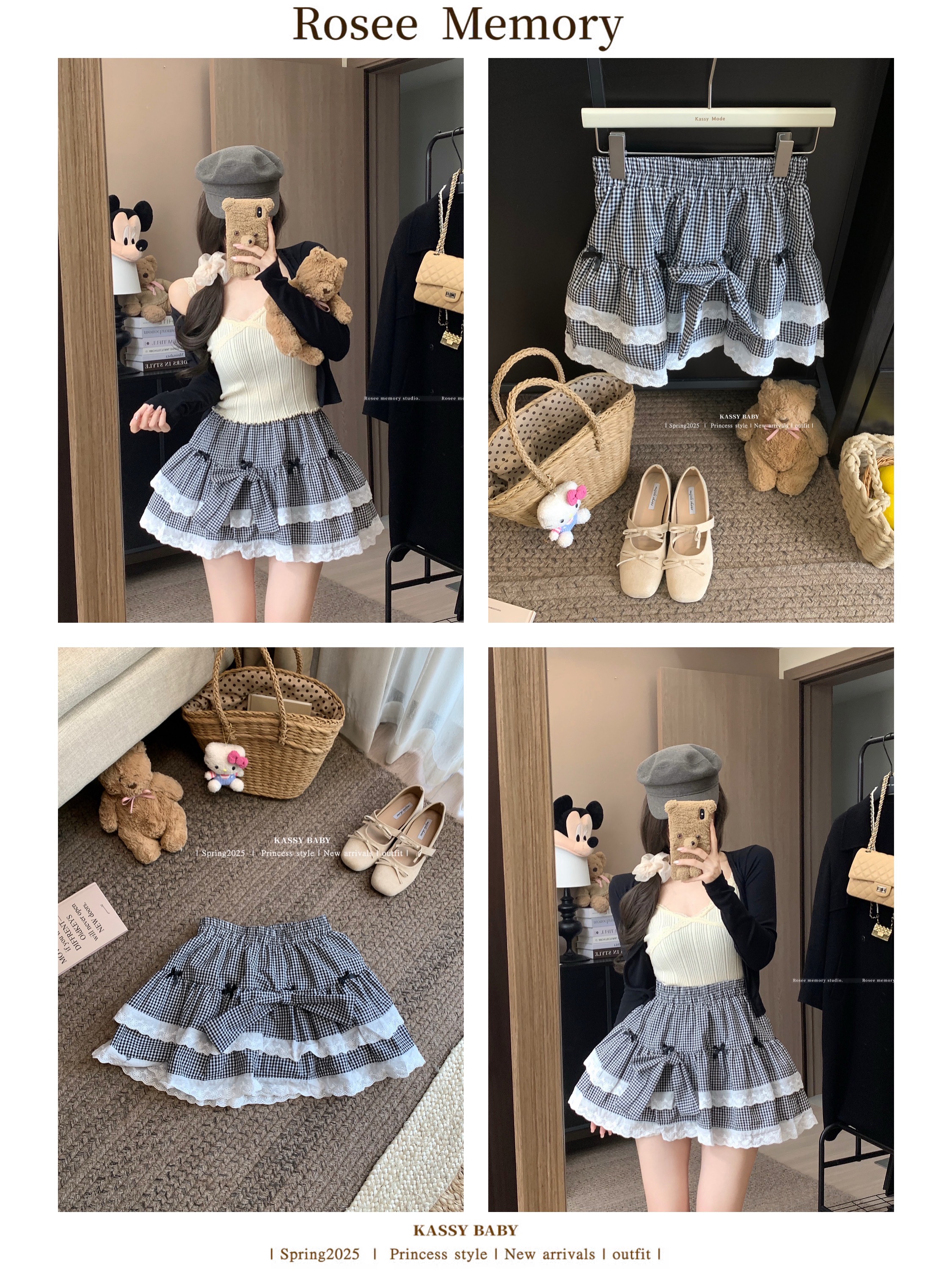 Real photo of sweet style lace bow plaid skirt summer versatile slim cake short skirt for women