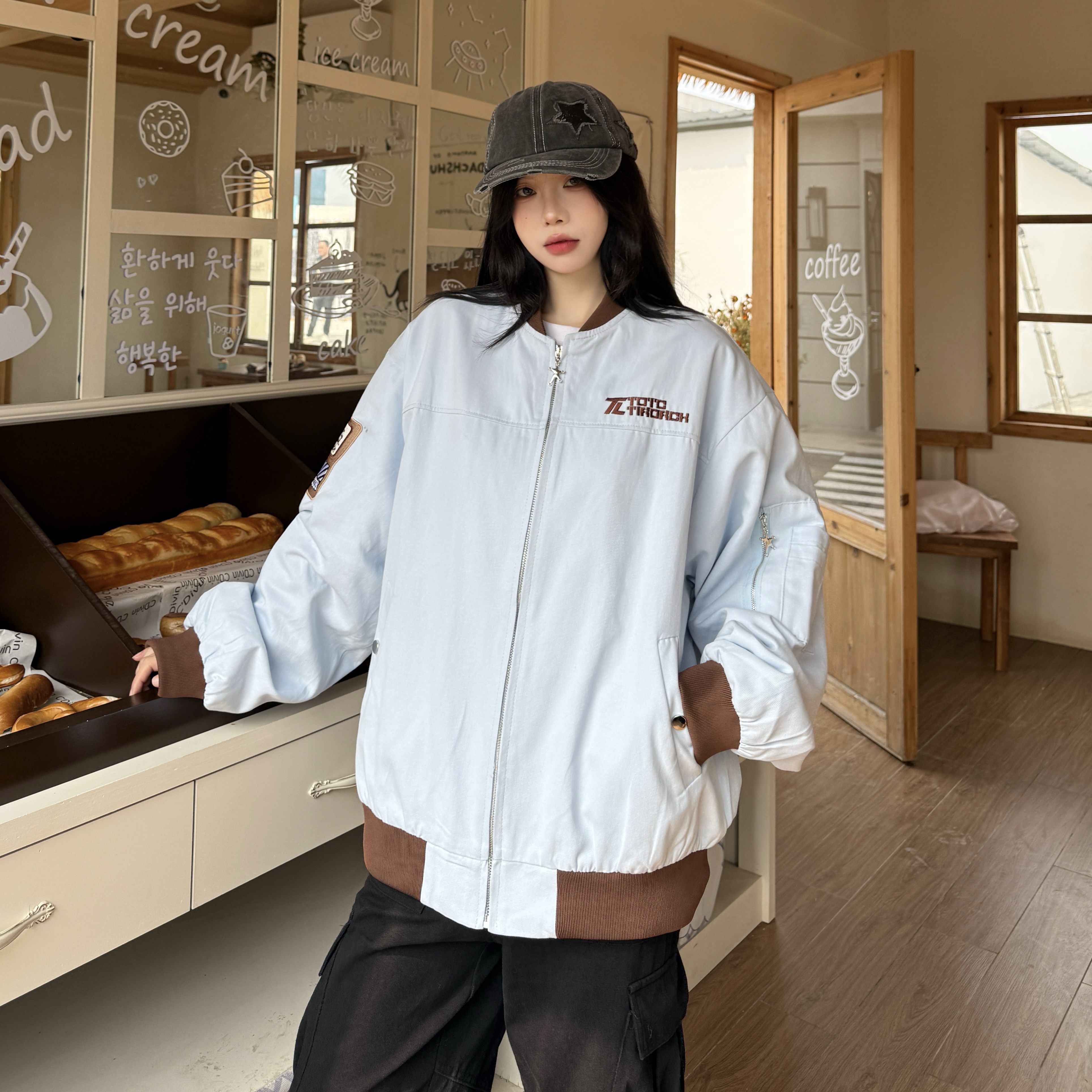 實拍美式字母刺繡拼色棒球服女春季拉鏈設計感學院風休閒夾克外套