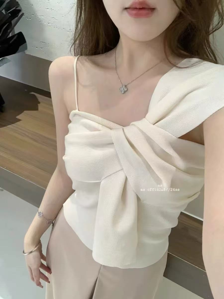 非實拍美式辣妹扭結不規則針織吊帶背心純欲風別致氣質小上衣