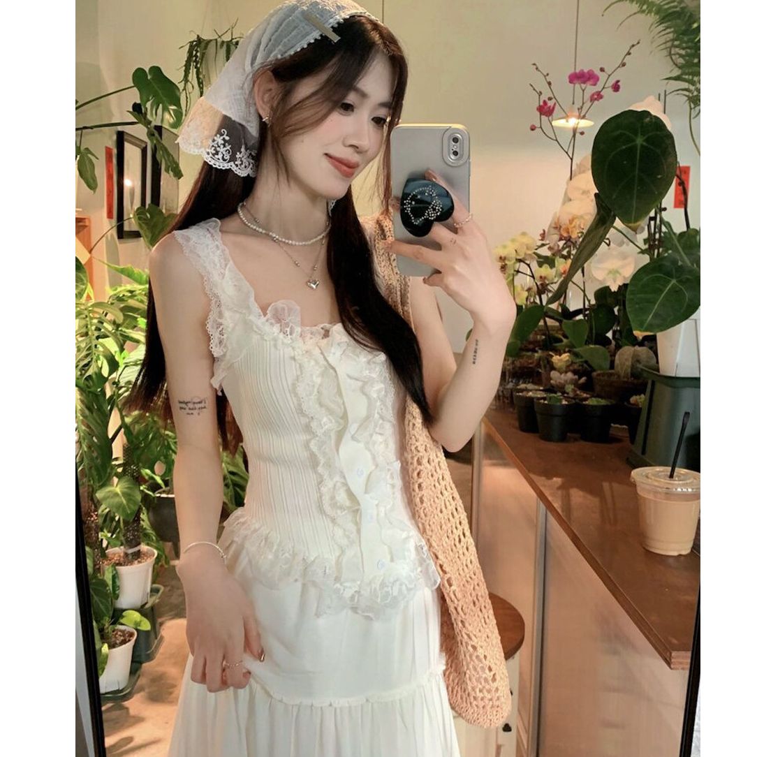 Set 2025 Spring and Summer New Ice Silk Knitted Lace Lace Sling Vest Top + Skirt Two-piece Set