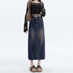 Commuting versatile rear slit high waist A-line denim half-length long skirt for women in spring and autumn new Korean denim skirt