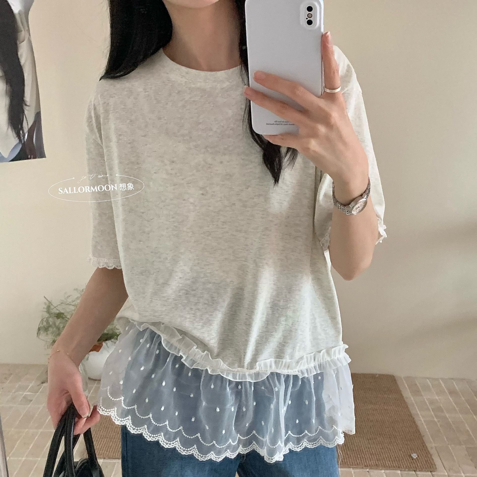 夏裝大碼韓系簡約甜美減齡休閒蕾絲拼接T恤百搭上衣M-4XL200斤