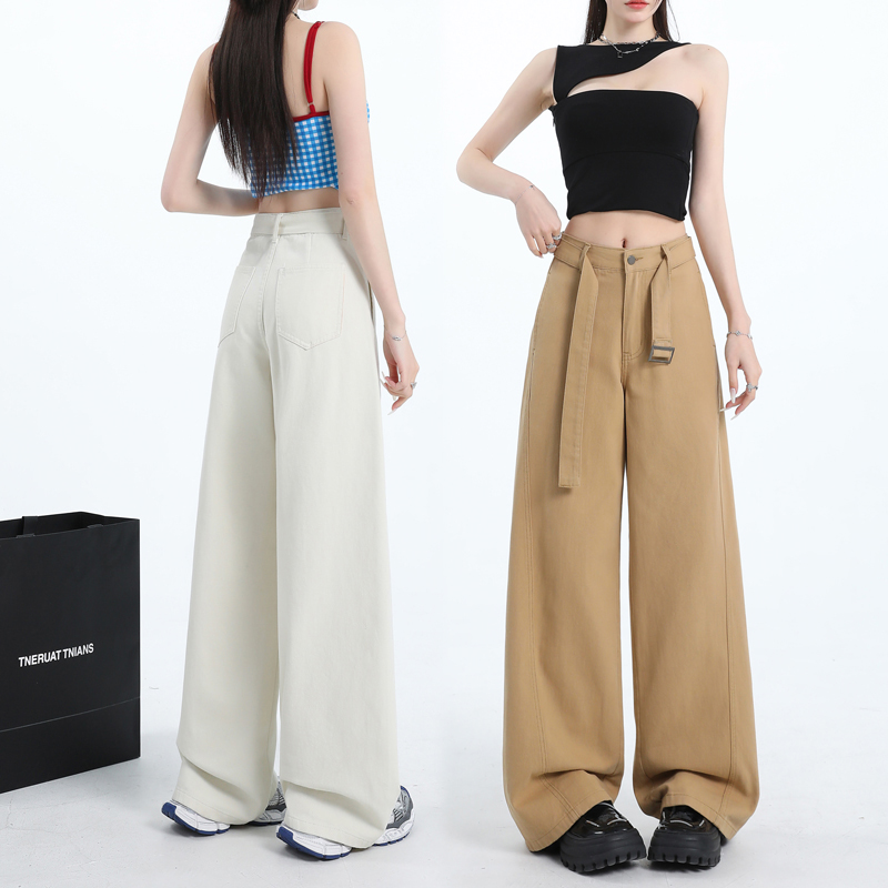 Belted 2025 spring and summer casual straight-leg pants jeans women's wide-leg pants khaki high-waist lazy loose pants