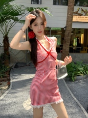 Real shot of hot girl style halter neck dress for women in summer sexy waist-hugging temperament hip-pack skirt short skirt