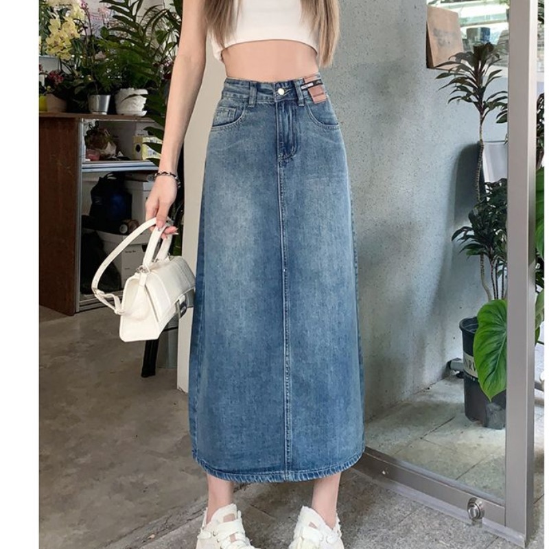 College style half-body denim skirt for women in spring and summer new mid-length style cover strap A-line slit niche hip denim skirt