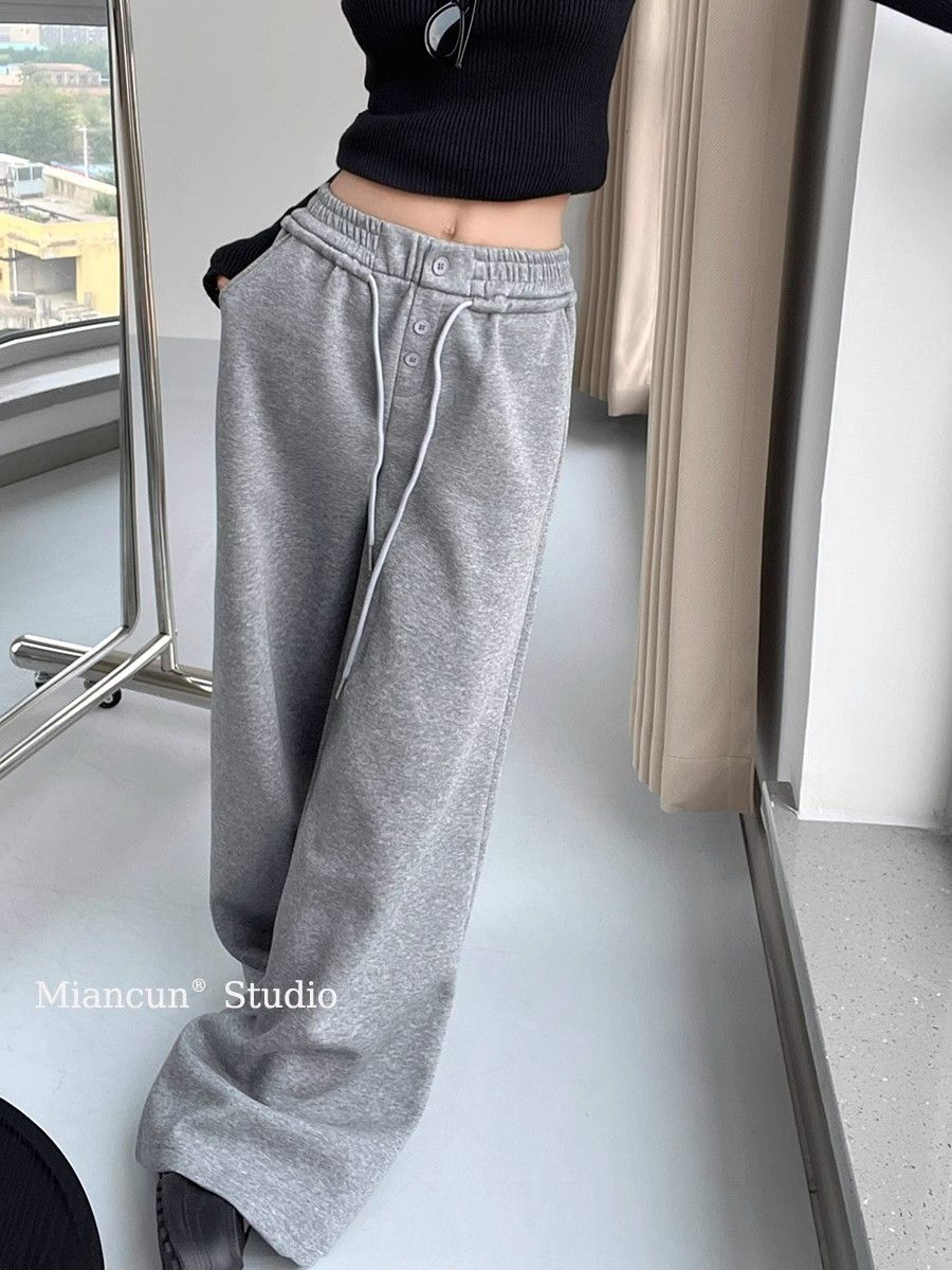 American retro fake placket multi-button straight-leg trousers for women's elastic waist drawstring loose low waist wide-leg casual pants