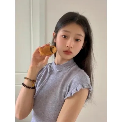 美式復古針織背心女夏季新款甜美蝴蝶結花邊灰色圓領修身打底上衣