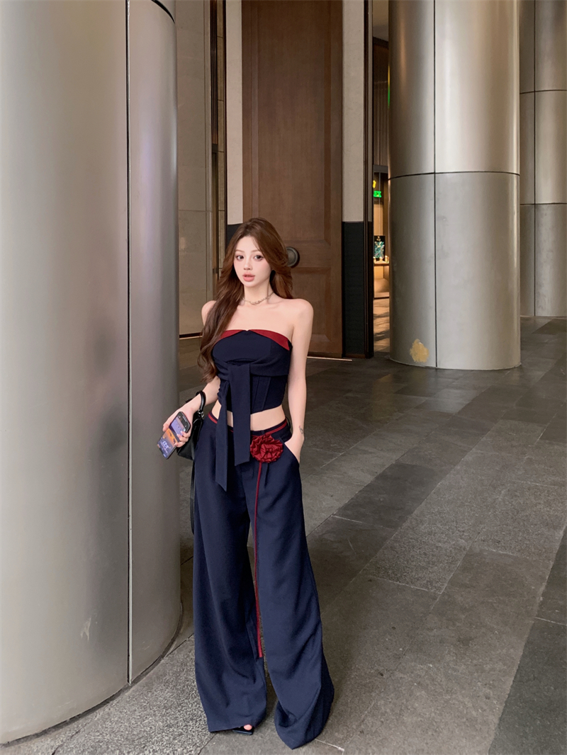 Real shot, high-end color-blocking strap-breasted top + flower casual loose wide-leg trousers set