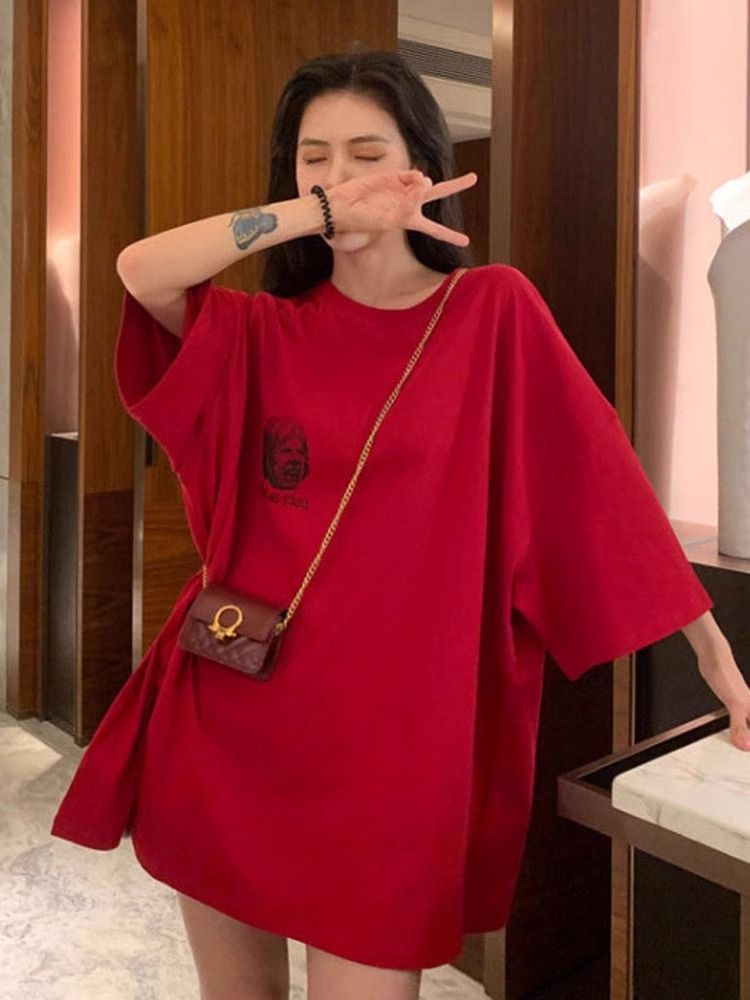 200g pure cotton 2025 new summer large size loose mid-length dress fat mm short-sleeved T-shirt skirt for women