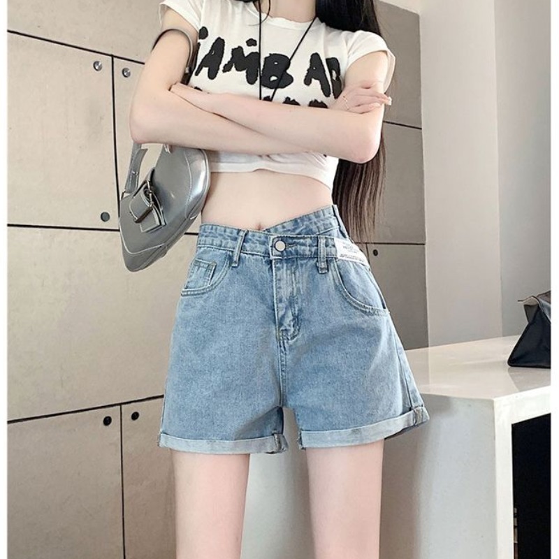 Curled irregular A-line denim shorts versatile high waist loose straight ins style slanted buckle cross wide-leg hot pants