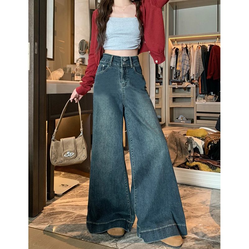 Trendy high waist double button straight jeans for women in spring and autumn new design feel loose wide-leg floor jeans trendy