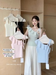 GS小眾2025夏季韓版斜肩設計款吊帶不對稱荷葉領針織小衫顯瘦上衣