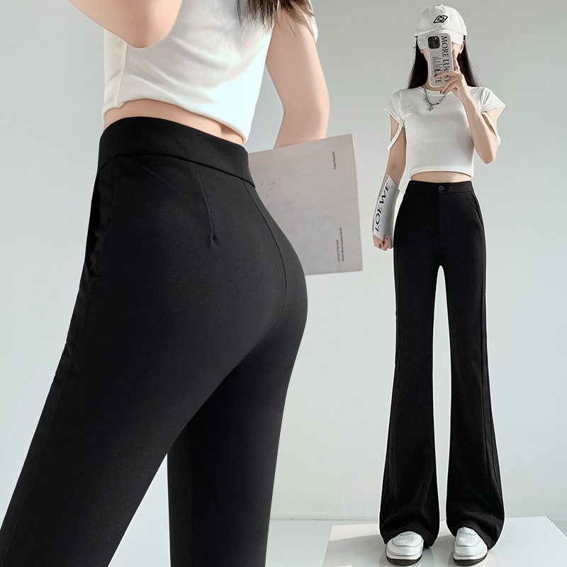 Real shot of black micro-flare pants for women 2025 spring and summer elastic suit bell-bottom pants high waist drooping slim casual horseshoe pants