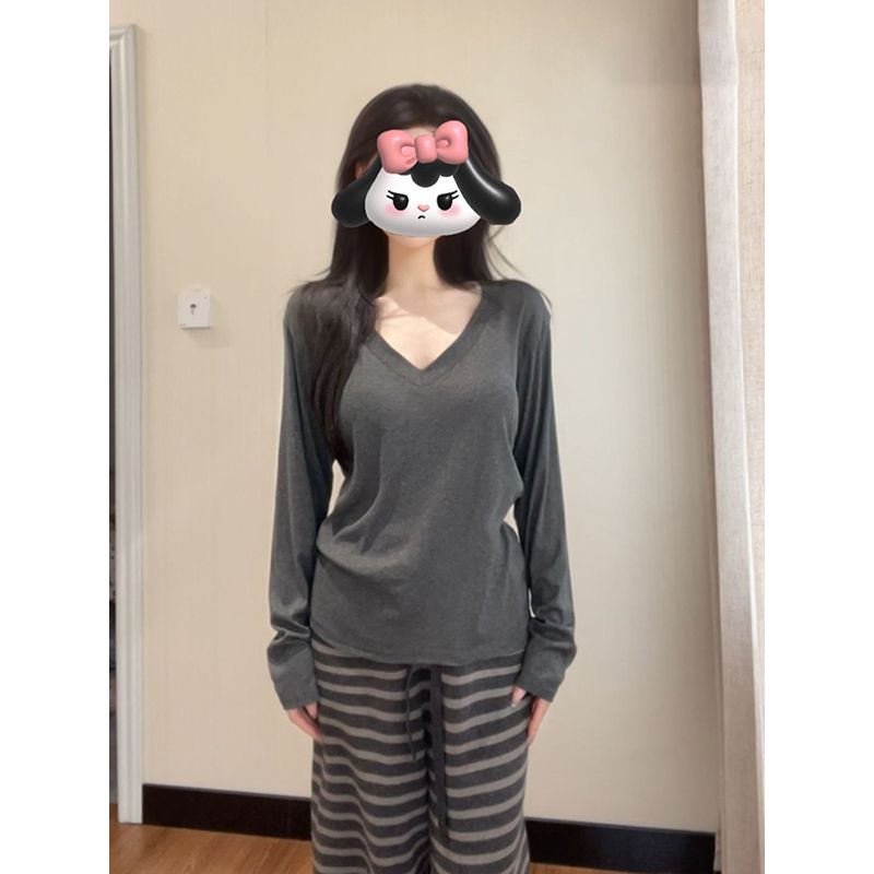 Korean version of loose slim V-neck long-sleeved T-shirt for women's spring and autumn new style inner bottoming shirt versatile slack and lazy top