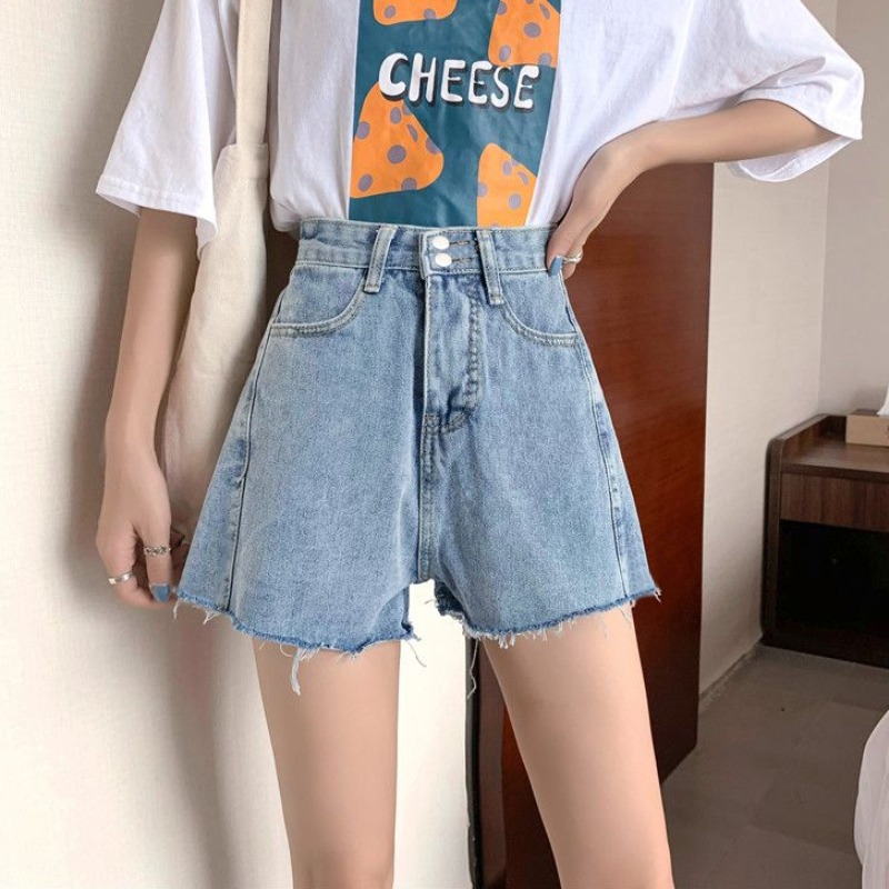 All-matched high-waist denim shorts for women in spring and summer style loose and slim and high casual wide-leg denim hot pants