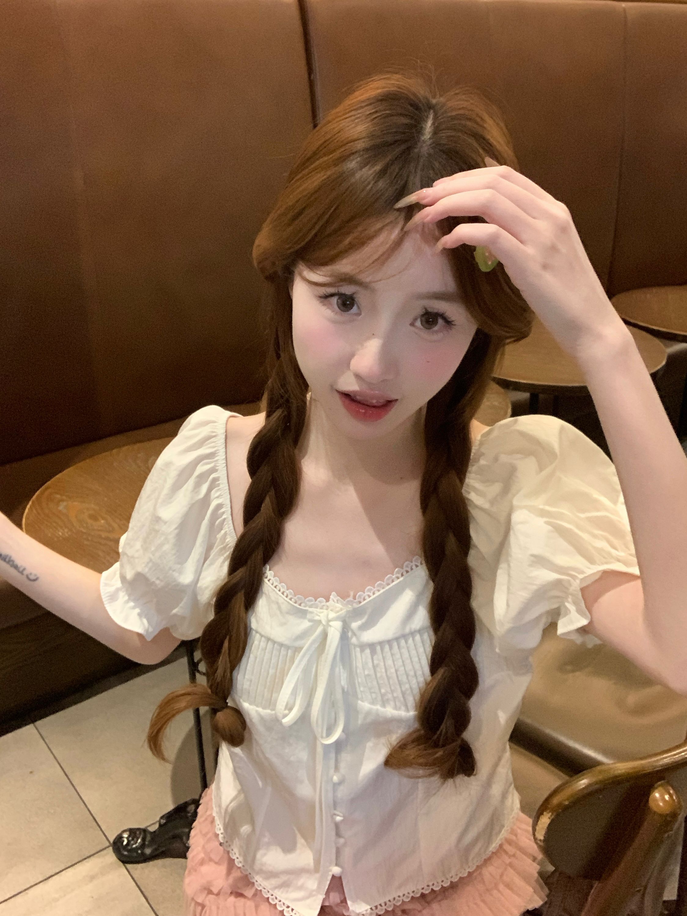 Real photo Korean version of puff sleeve white short-sleeved shirt for women in summer gentle style design and slim-split shirt