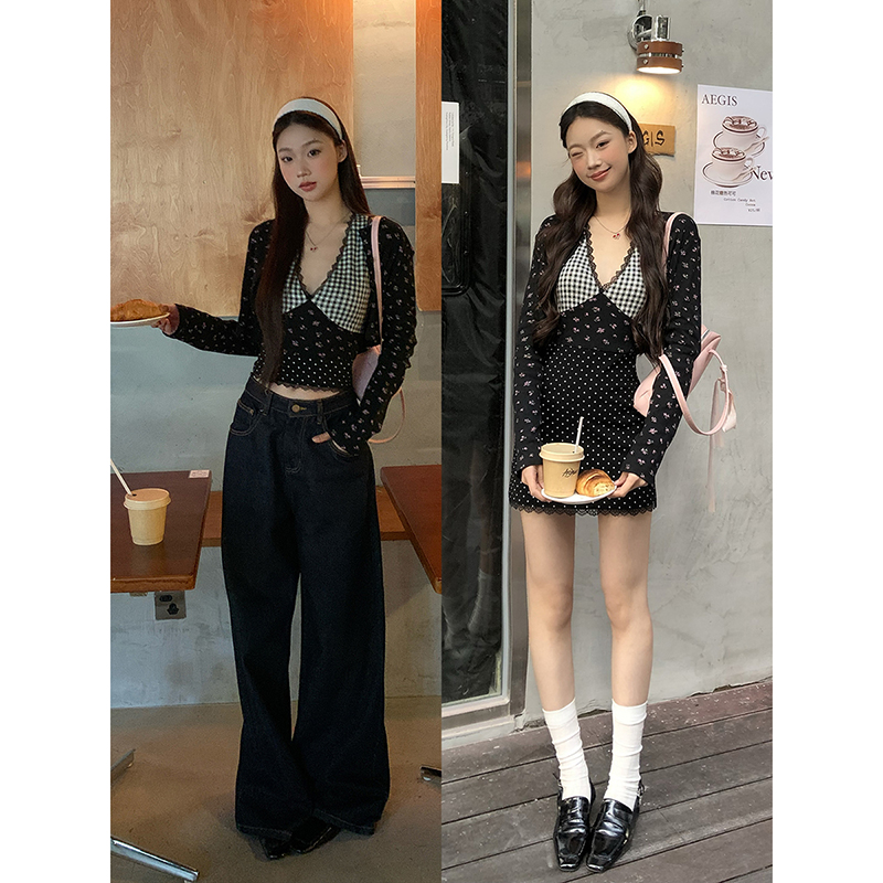 Korean suit short jacket for women's summer new style this year's beautiful black all-match floral top