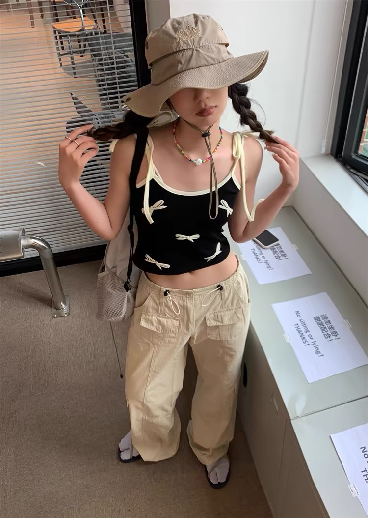 時尚撞色蝴蝶結印花吊帶背心2025春季新款韓版女裝修身短款綁帶潮