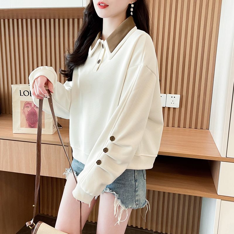 Photographed Cotton-Imitating Polyester Blended Spring and Autumn Women's Casual New POLO Design Small Figure Loose Top