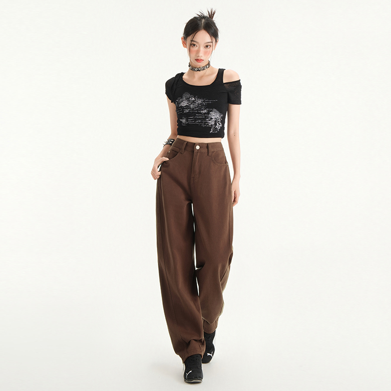 Spring and summer coffee-colored wide-leg scimitar jeans for women with high waist loose straight floor mopping banana pants