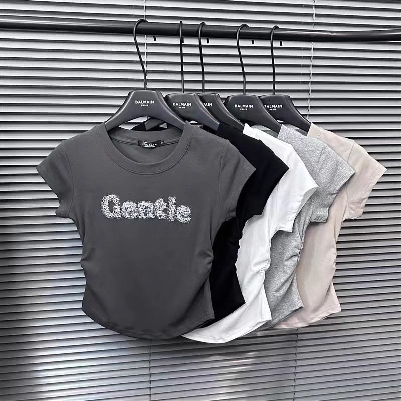 Official picture 92 cotton/8 spandex 40 210g pure cotton iron diamond versatile shoulder T-shirt for women short sleeves