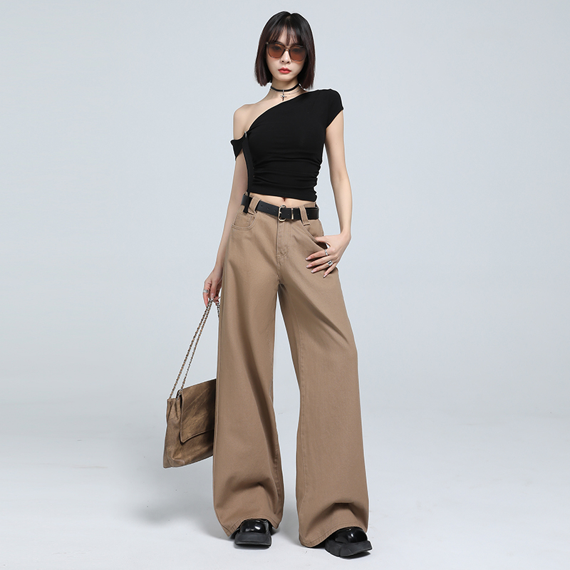 Latte brown loose wide-leg pants~ Easy to control mid-waist floor jeans and nine-point trousers extended for various occasions
