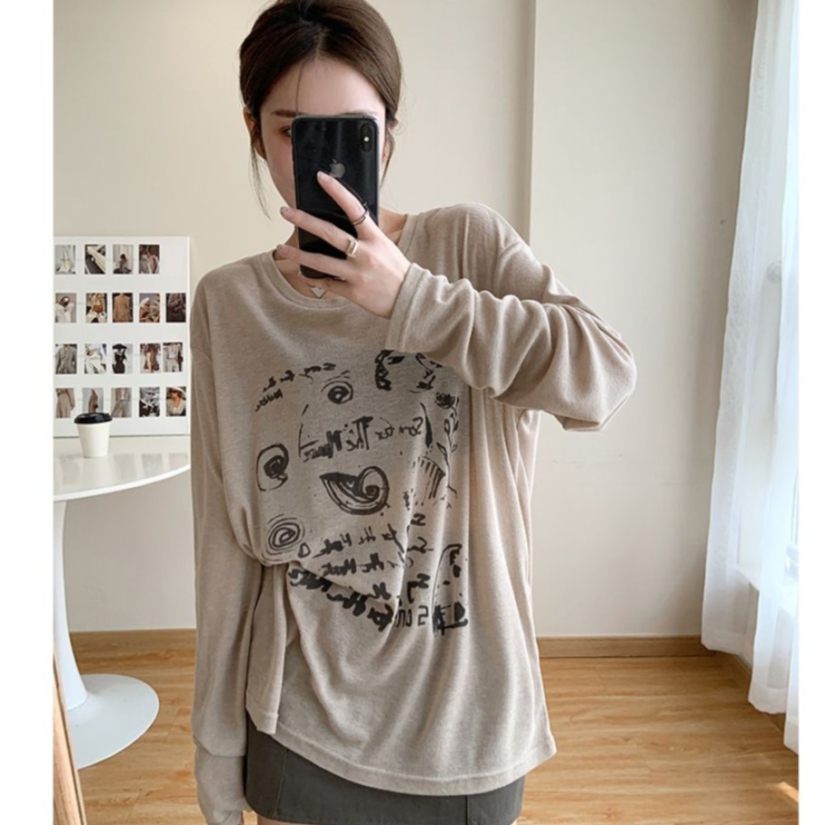 180g men's cotton modal original fabric graffiti sun protection loose thin long sleeve round neck top air conditioning shirt for women