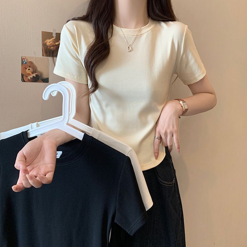 實拍95棉5氨綸 210克螺紋 夏裝不規則修身短袖t恤女