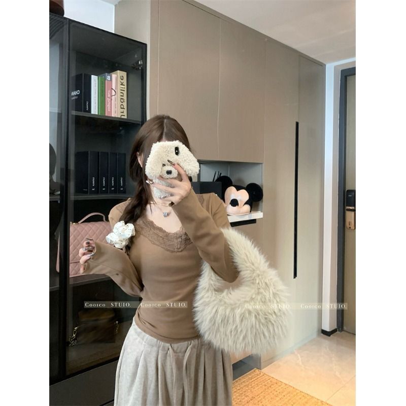 Original velvet thickened v-neck long-sleeved T-shirt for women for women's autumn lace splicing basic white base shirt