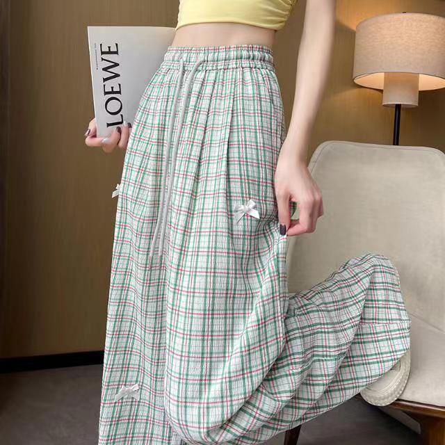 New French retro style plaid wide-leg pants bow decorative versatile casual pants trousers