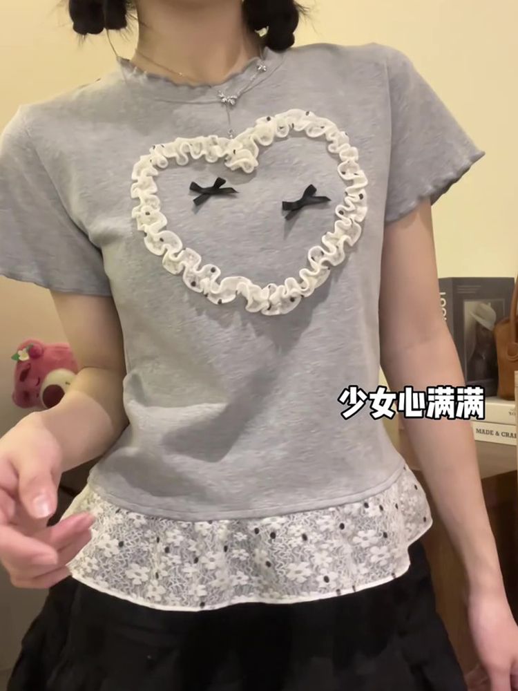 Pure cotton Korean chic summer new style slim splicing lace sweet ear-side short-sleeved T-shirt for women